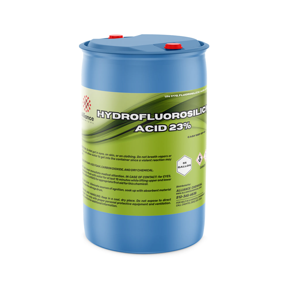 55-gallon blue polyethylene drum of Hydrofluorosilicic Acid 23% (HFS) with hazard warning label, chemical safety information, and dual red caps.